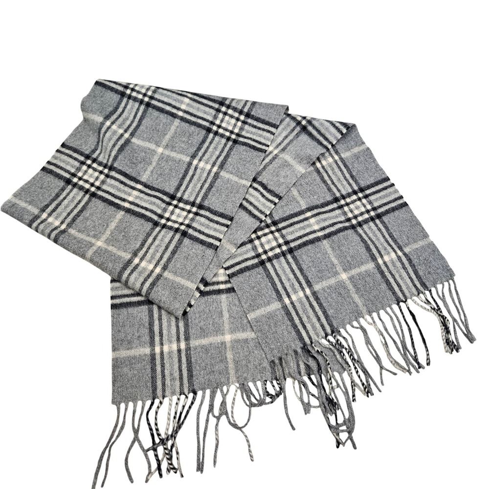 Enzo Mantovani Scarf Unisex OS Grey Plaid Wool Cashmere Blend Fringe Soft Winter